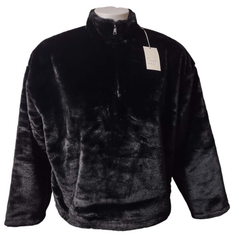 A New Day Sweatshirt Women's Size Medium Faux Fur Quarter Zip Black Mock Neck